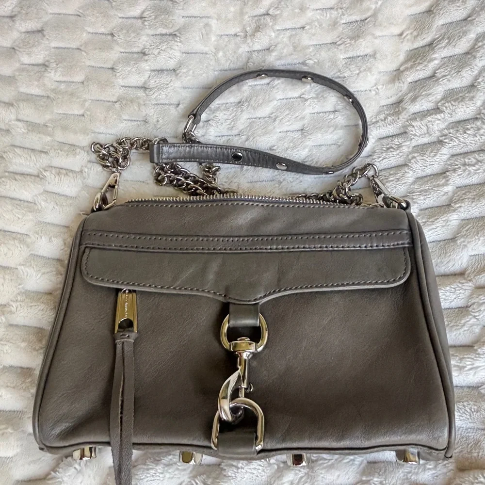 Rebecca Minkoff Mini MAC Taupe Grey Leather Crossbody Silver Hardware